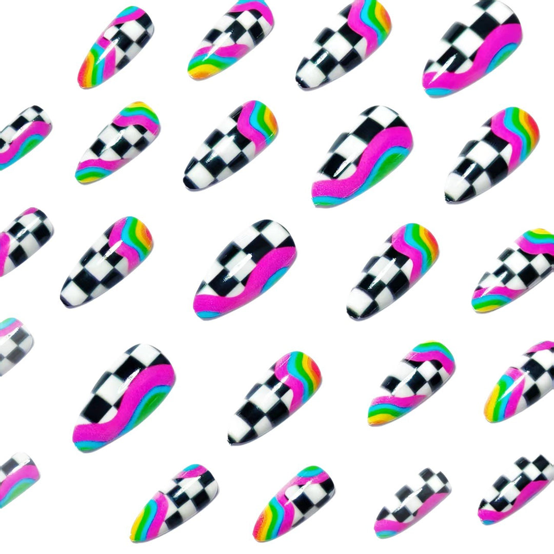 Creative artificial nails with colorful wave and checkerboard design Kalsten