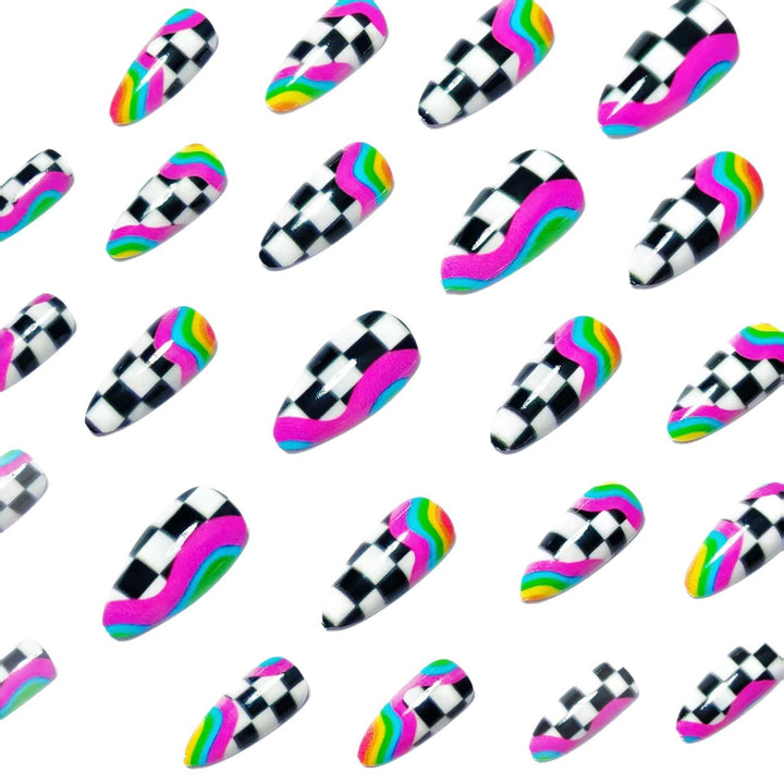 Creative artificial nails with colorful wave and checkerboard design Kalsten