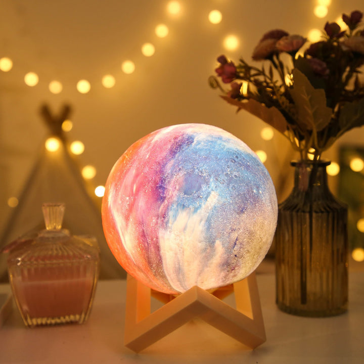 3D Lunar Texture LED Orb Night Lamp with Wooden Geometric Stand Kalsten
