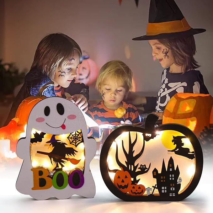Wood decoration set three-dimensional Halloween shadow boxes with LED lighting and multi-layered motifs