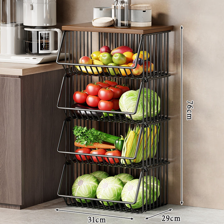 Vertical Five-Tier Rolling Kitchen Produce Storage Cart with Wooden Top and Pull-Out Wire Baskets