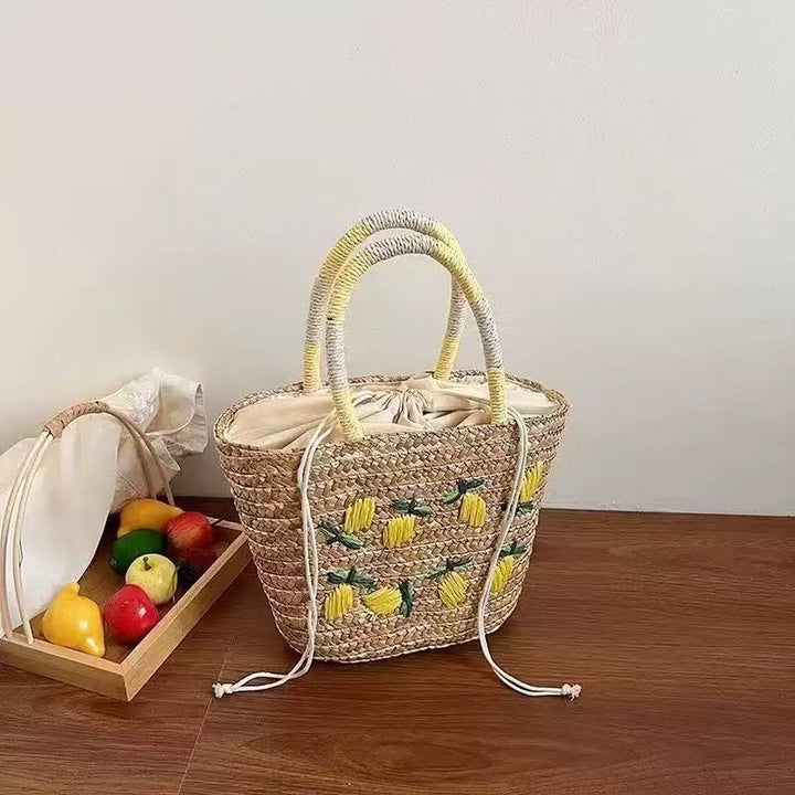 Spacious straw bag with lemon embroidery Kalsten