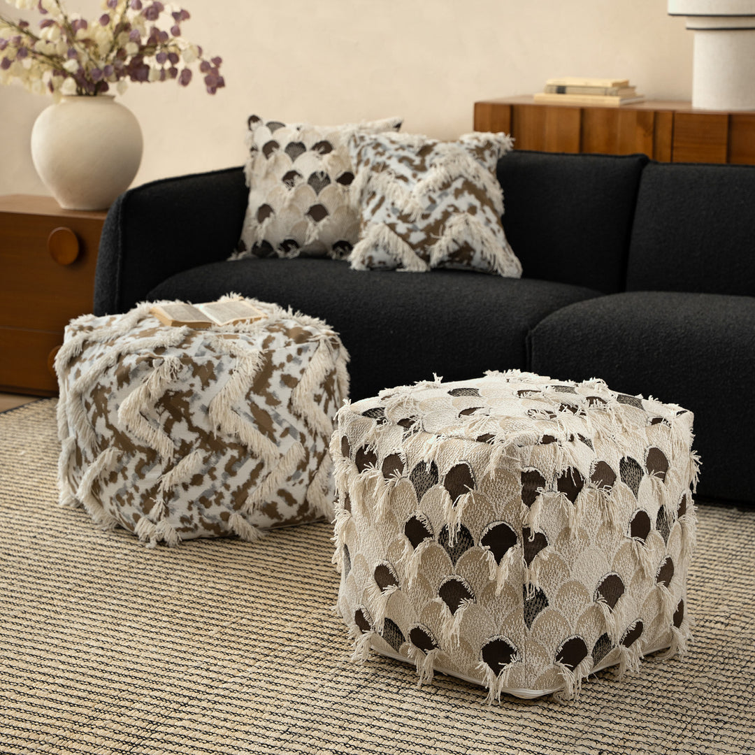 Filled floor seat pouf in ethnic jacquard with decorative fringes Kalsten