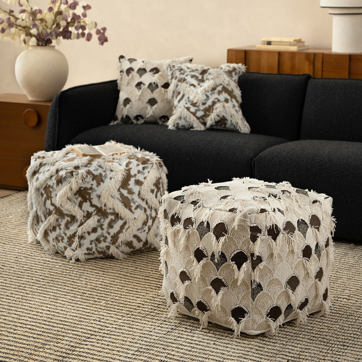 Filled floor seat pouf in ethnic jacquard with decorative fringes Kalsten