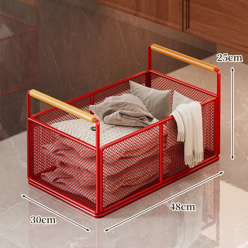 Rectangular Mesh Pull-Out Cabinet Storage Basket with Wooden Handles