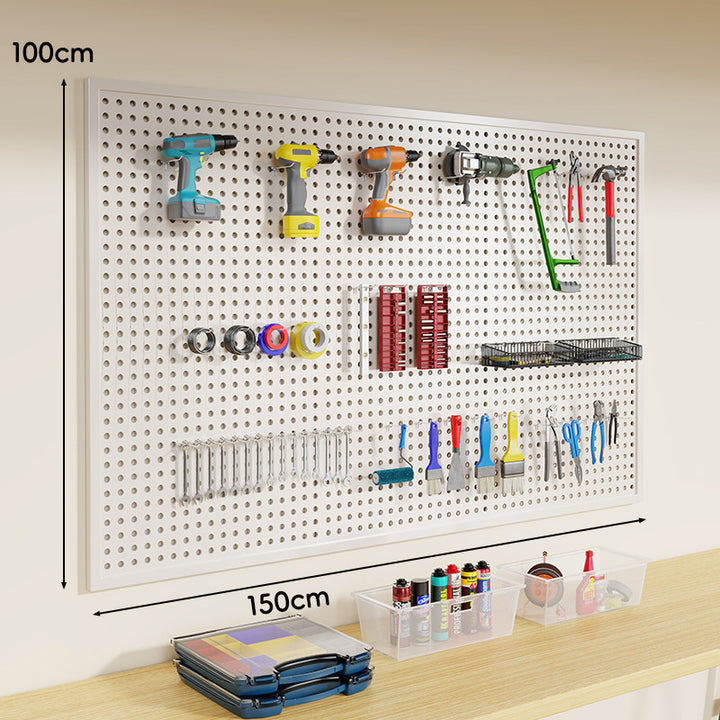 Wall-Mounted Perforated Metal Tool Pegboard Organizer Panel with Modular Hooks and Wire Baskets