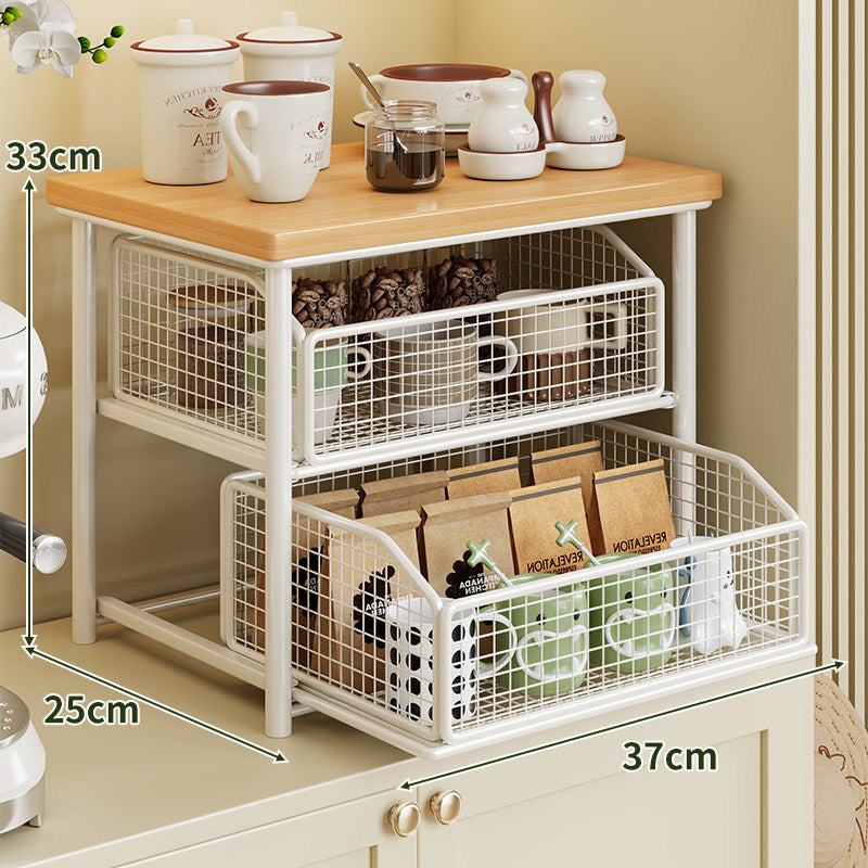 Countertop Wooden Top Metal Storage Rack with Sliding Wire Basket