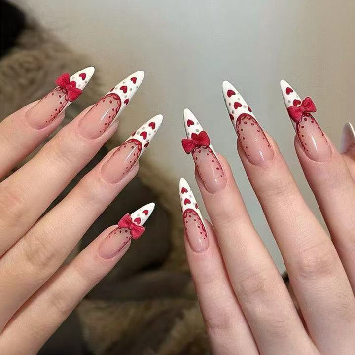 Stiletto Press-On Nail Art Set with Heart and Bow Design Kalsten