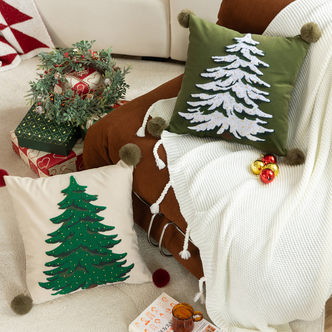 Decorative velvet cushion cover with hand-tufted Christmas tree, pompom corners and bead application Kalsten