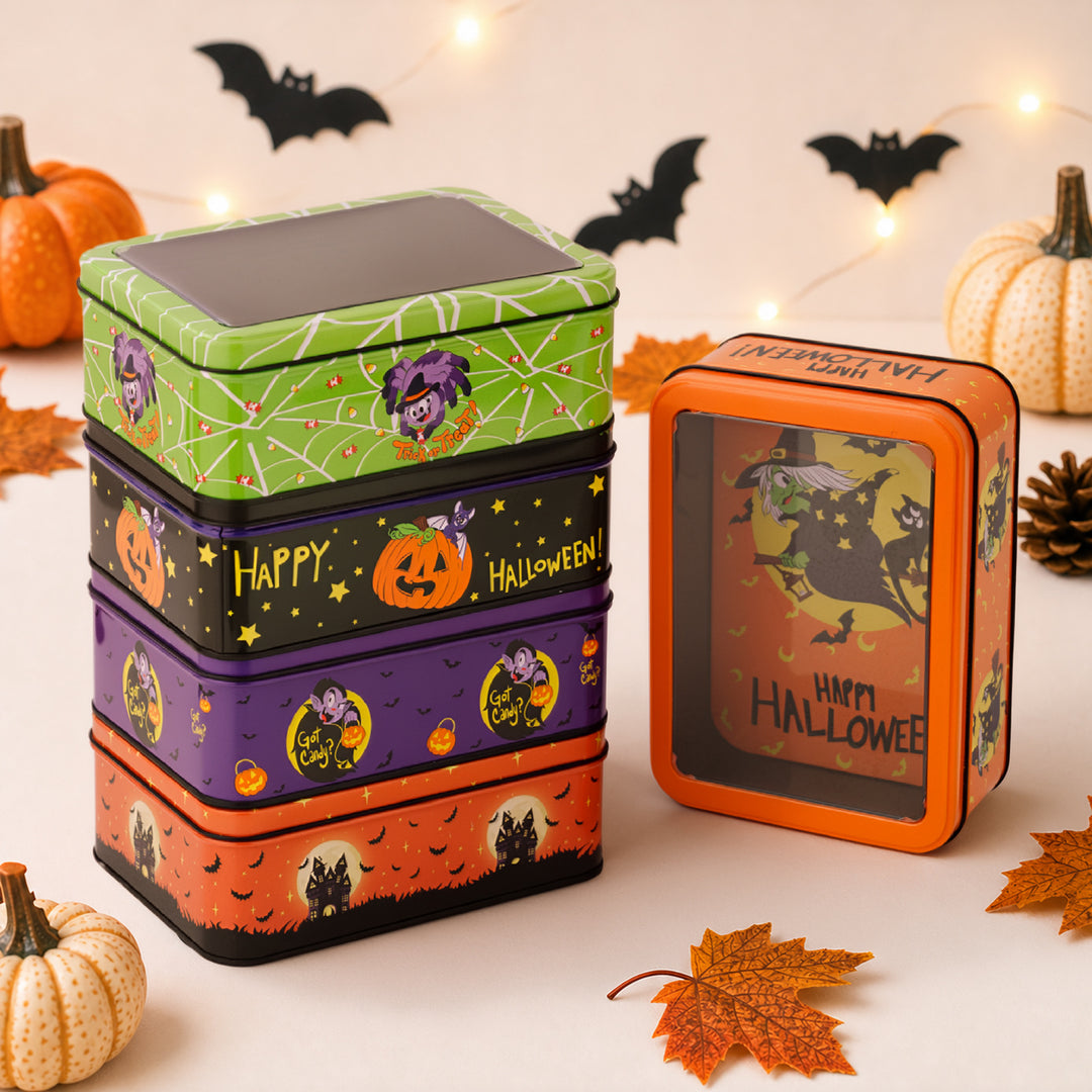 Halloween Metal Box with Viewing Window and Witch Motif