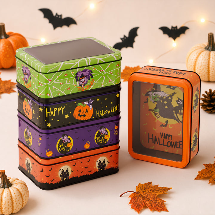 Halloween Metal Box with Viewing Window and Witch Motif