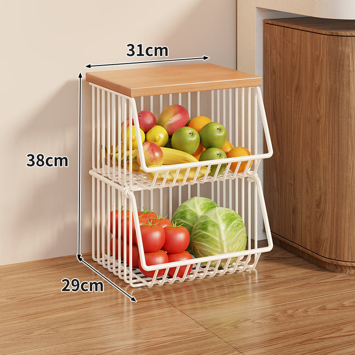 Compact Triple-Tier Rolling Wire Vegetable and Fruit Storage Cart with Wooden Top