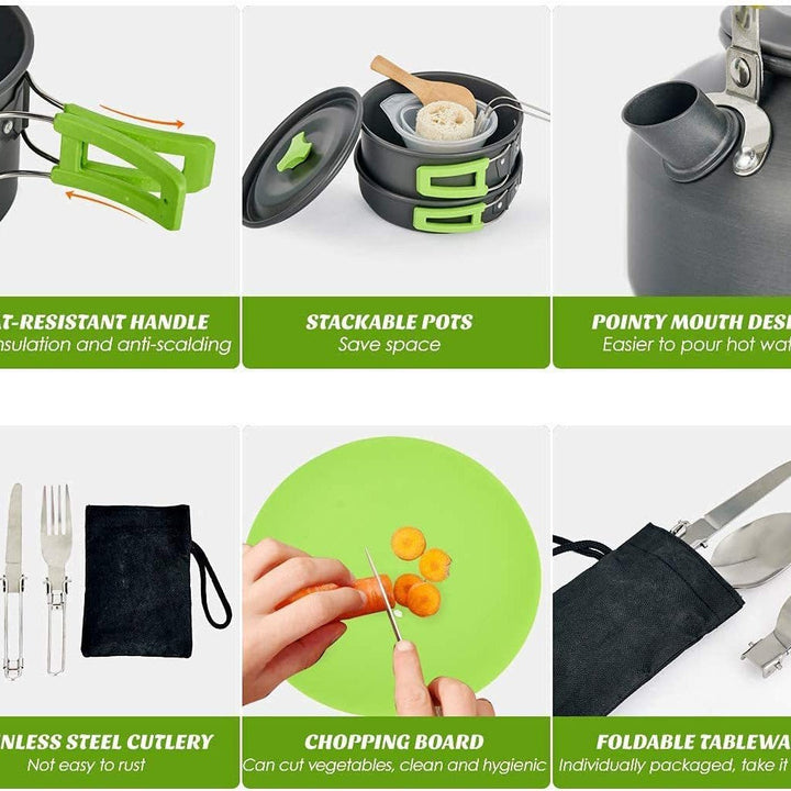 lightweight non-stick camping cookware set with folding handles kettle pot pan utensils and mesh carry bag Kalsten