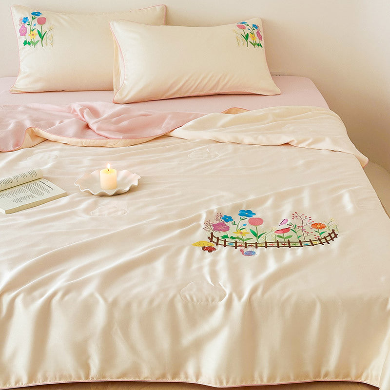 Children's satin bedding set with embroidered bunny moon and silky reversible throw