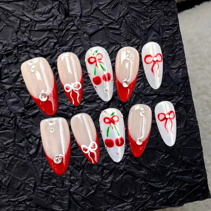 Artistic Press-On Nail Set with Cherry and Ribbon Design Kalsten