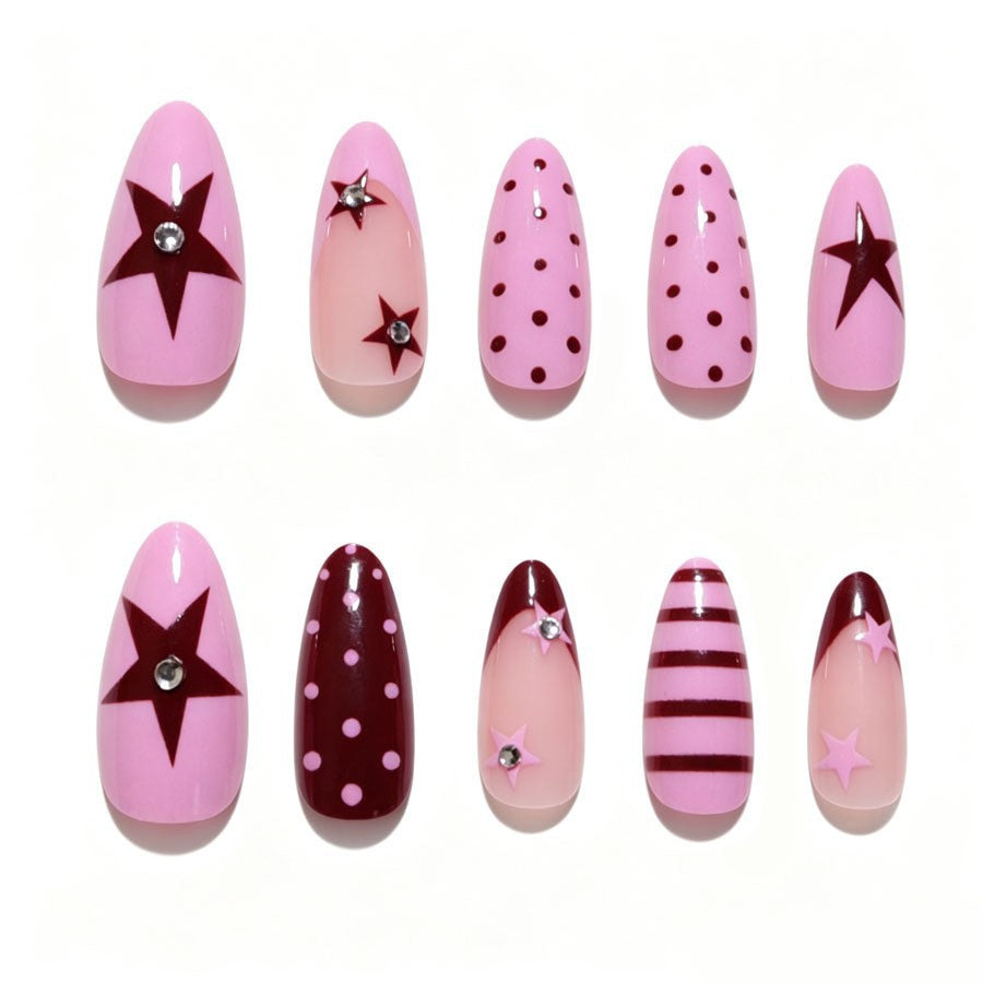 Artificial nail set with asymmetric designs and glitter accents Kalsten