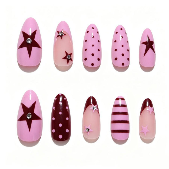 Artificial nail set with asymmetric designs and glitter accents Kalsten