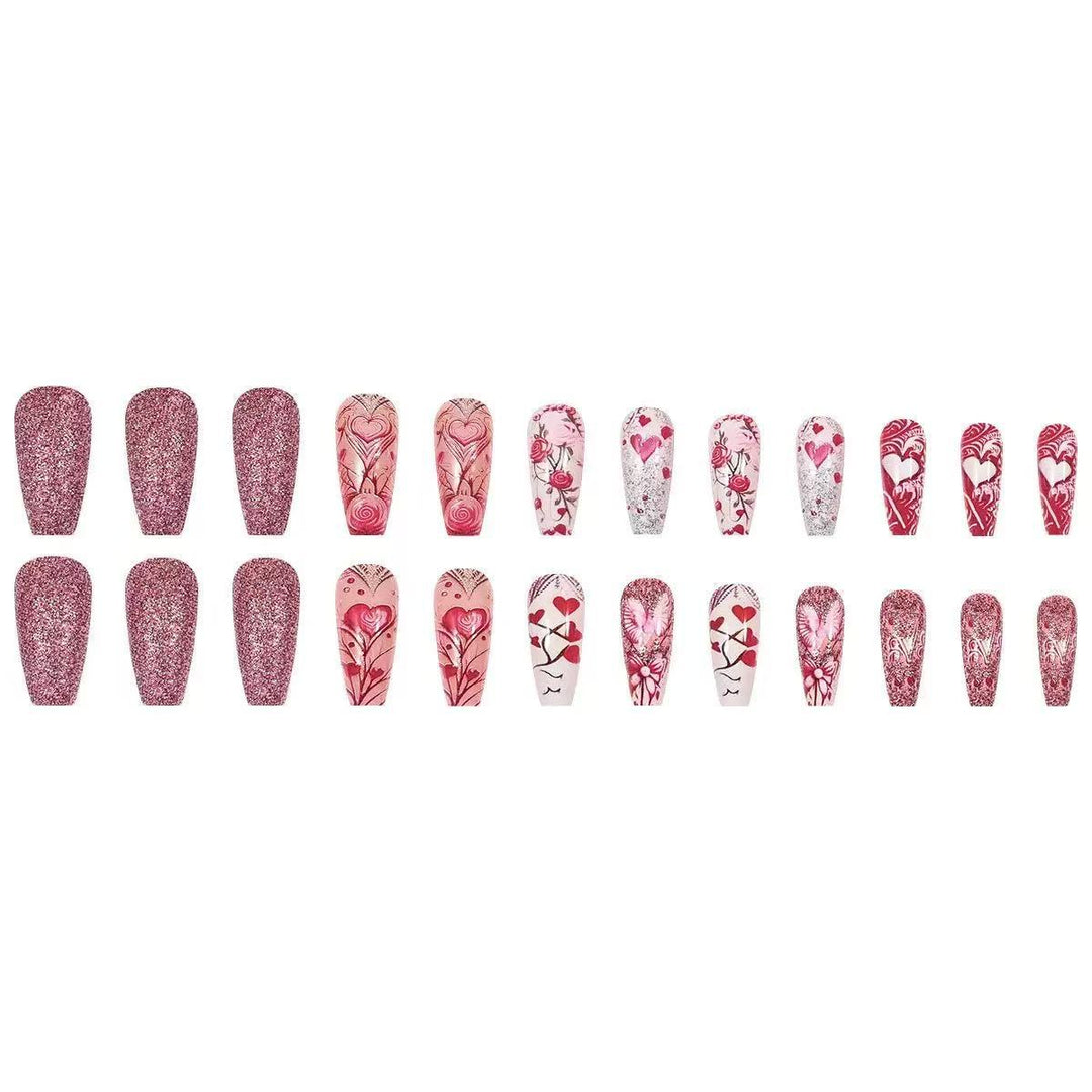 Artificial nail set with romantic heart and flower motifs Kalsten