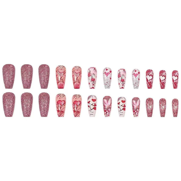 Artificial nail set with romantic heart and flower motifs Kalsten
