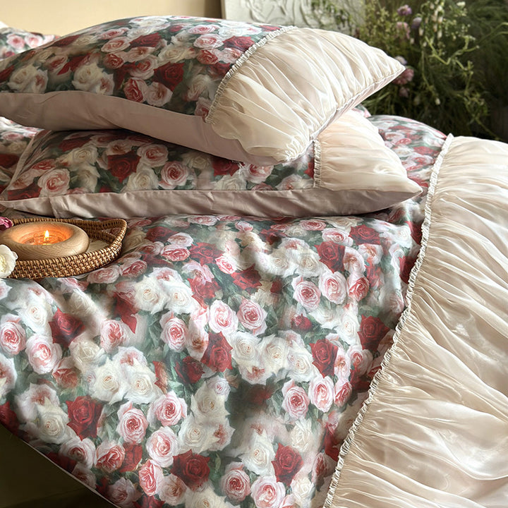 Luxurious satin bedding set with rose pattern and ruffled bed skirt