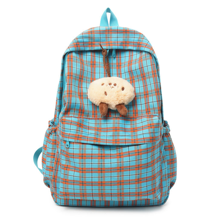 Backpack with Practical Check Pattern and Cute Plush Pendant Kalsten