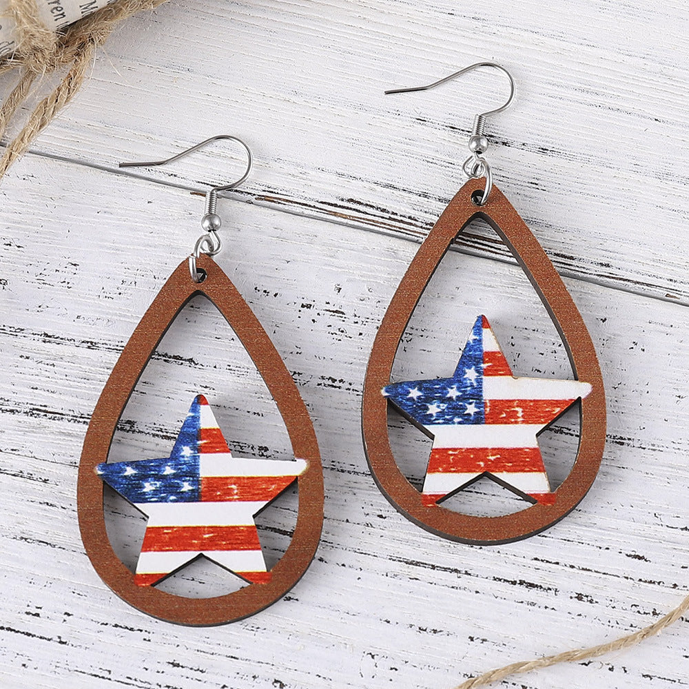 Ladies' nan teardrop-shaped wooden earrings with multi-layer star and stripe appliqué and nickel-free ear hooks Kalsten