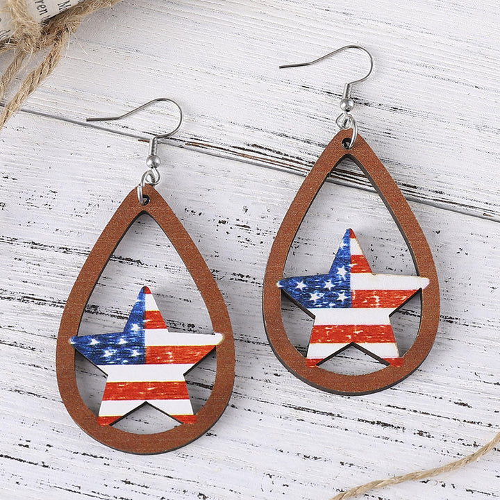 Ladies' nan teardrop-shaped wooden earrings with multi-layer star and stripe appliqué and nickel-free ear hooks Kalsten