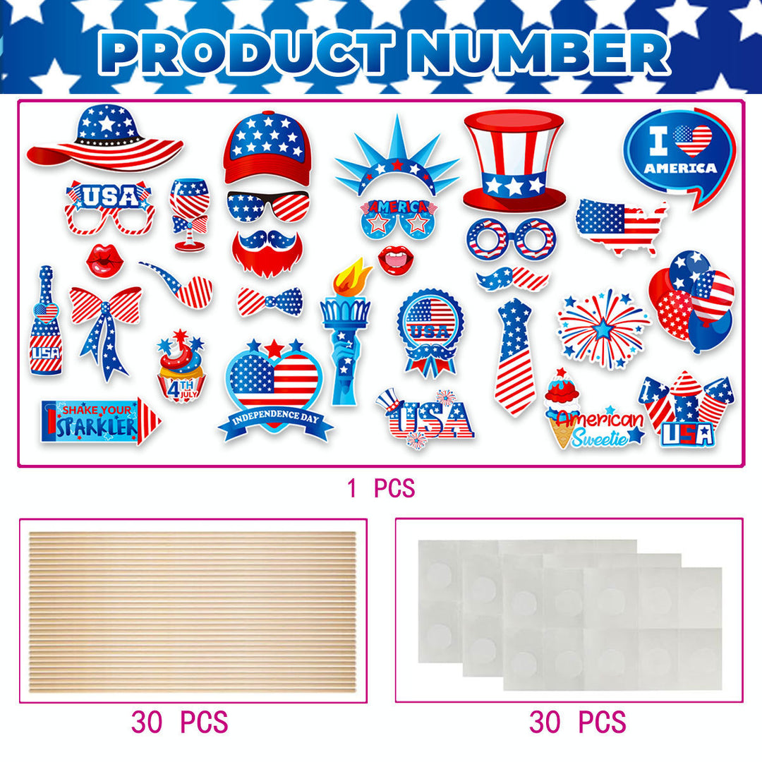 Independence Day Patriotic Photobooth Prop Sticker Kit with Wooden Sticks and Removable Adhesive Dots Kalsten