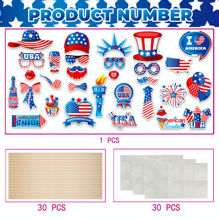 Unisex photo props set with self-adhesive USA-themed stickers, wooden sticks, and adhesive pads Kalsten
