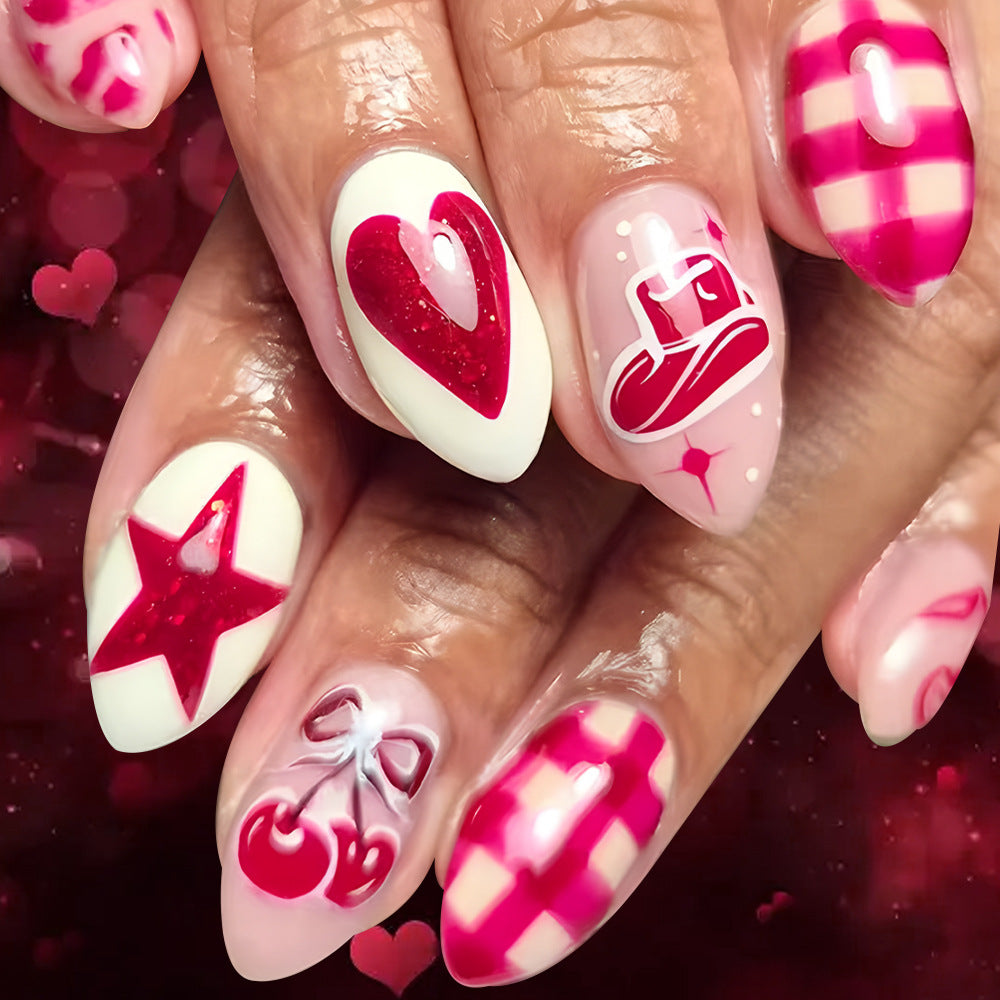 Artistic Press-On Nail Art Set with Heart and Star Designs Kalsten
