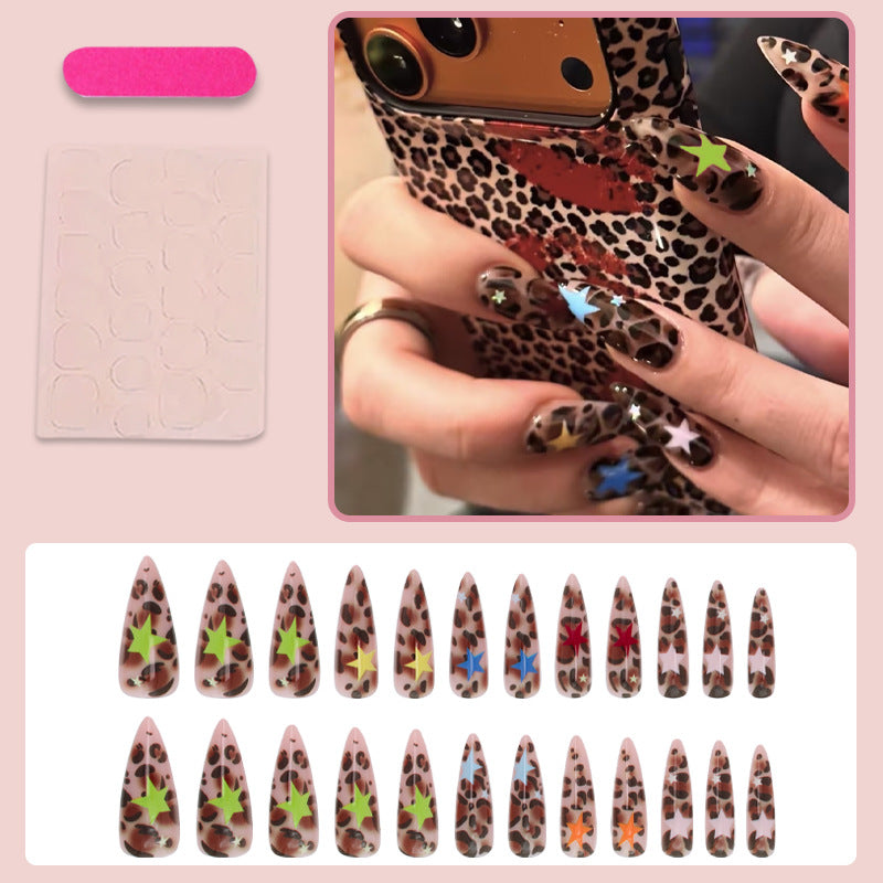 Acrylic nail set with animal pattern and colorful star accents Kalsten
