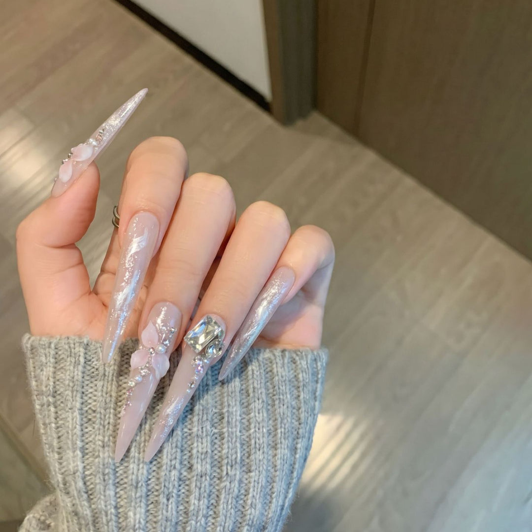 Artistic Decorative Stiletto Press-On Nail Set with Floral Accents Kalsten