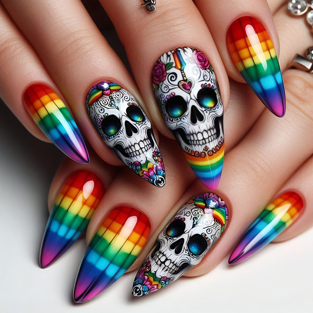 Creative artificial nails with skull design and rainbow colors Kalsten