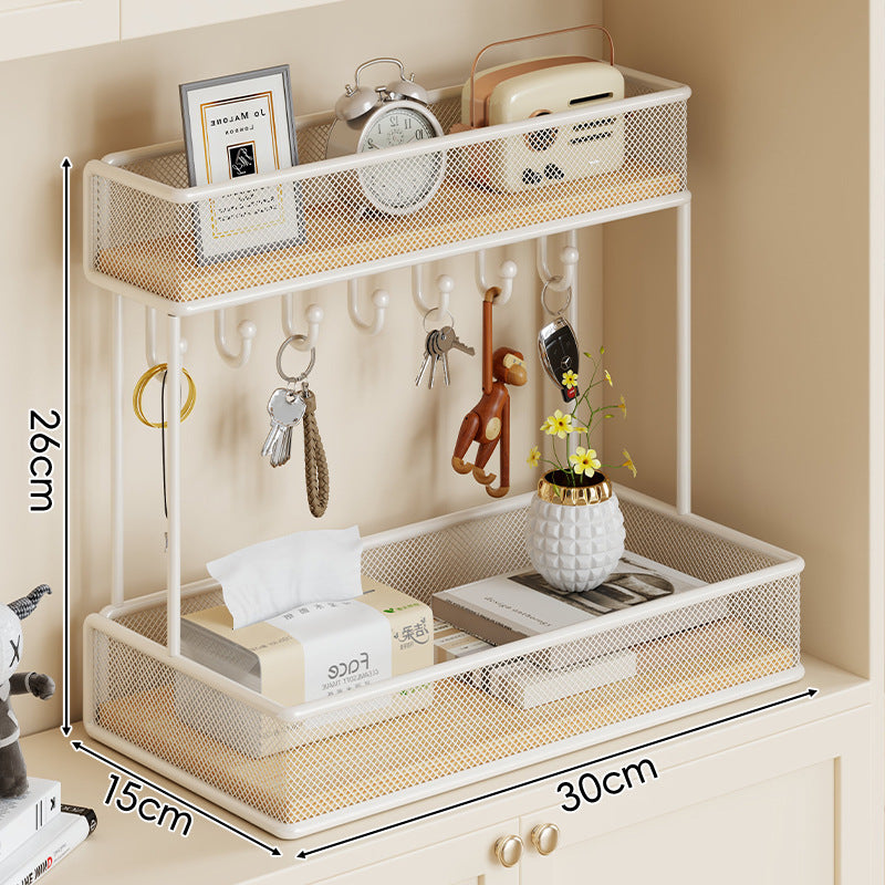 Double-Tier Metal Mesh Entryway Organizer Shelf with Key Hooks and Removable Baskets