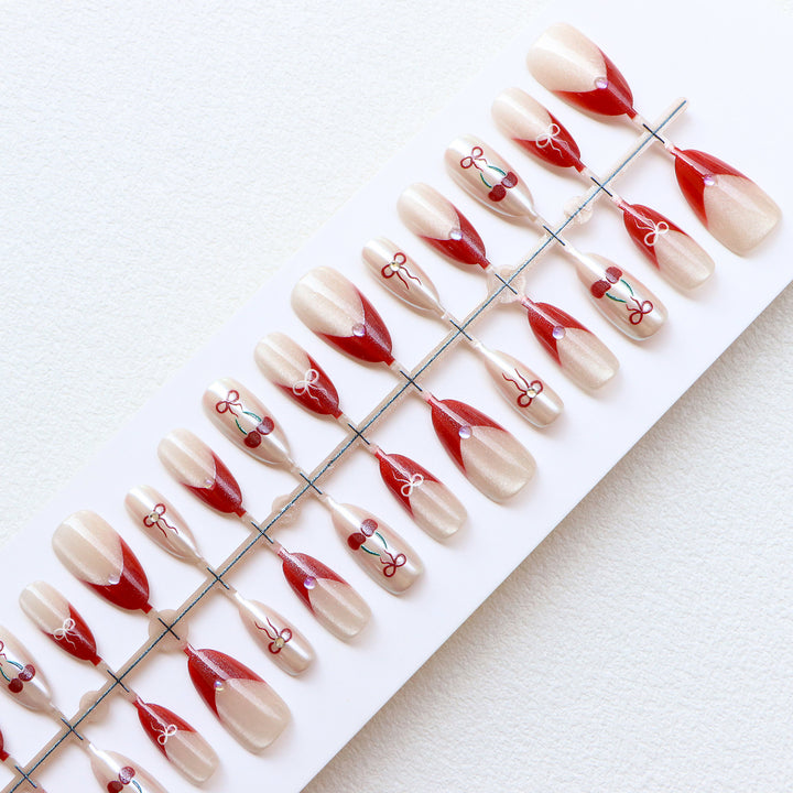 Artistic Press-On Nail Set with Cherry and Ribbon Design Kalsten