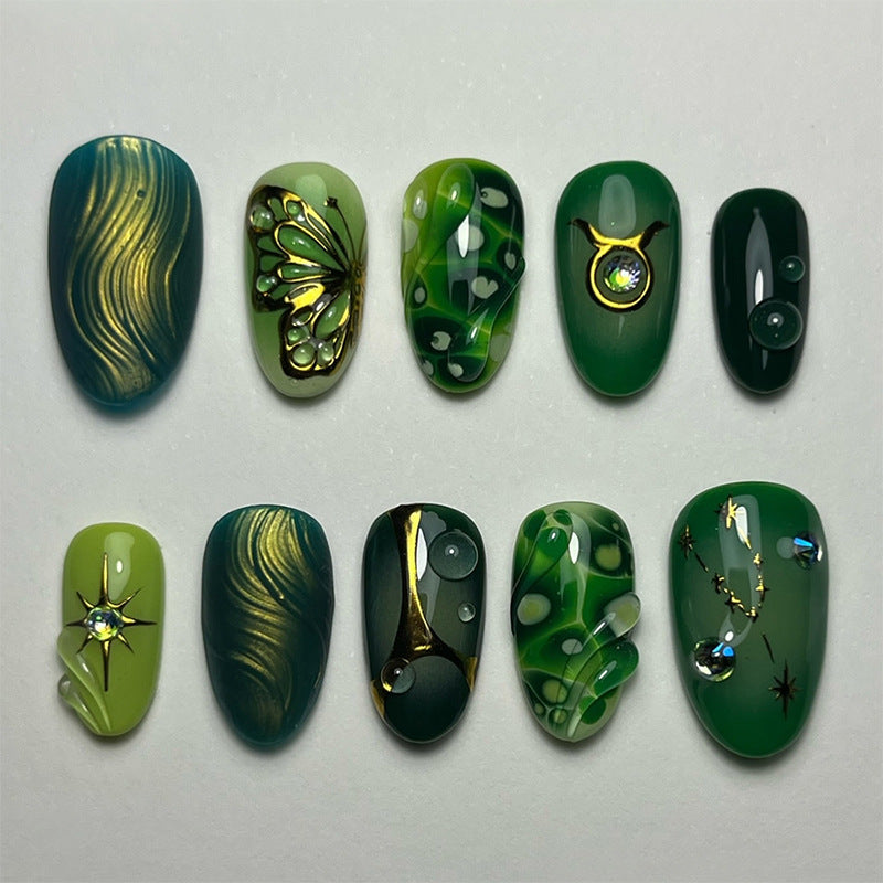 Artistic Press-On Nail Art Set with Emerald and Gold Designs kalsten