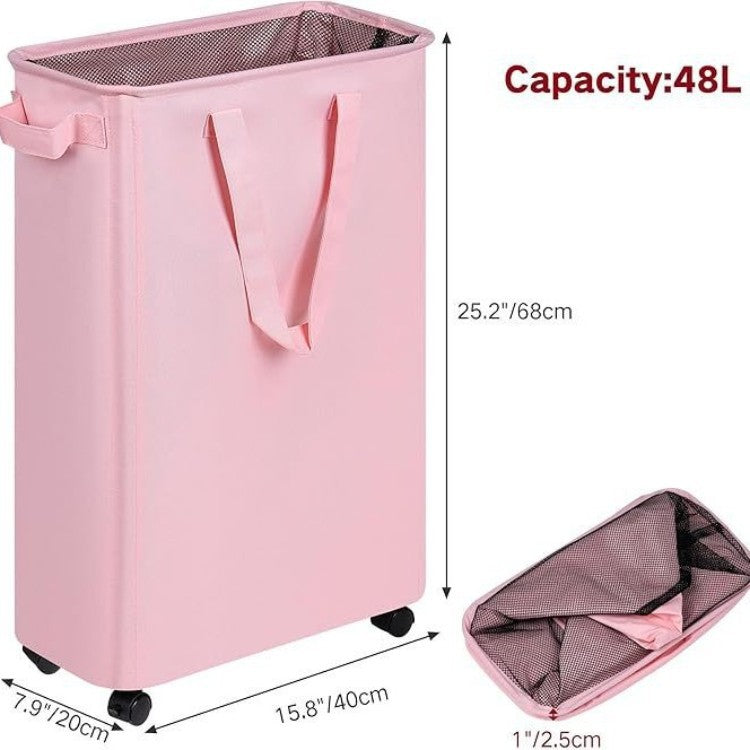 Foldable laundry basket with wheels and practical lid Kalsten