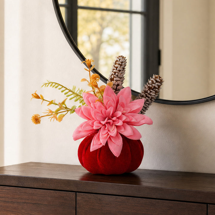 Samt-Pumpkin Table Decoration with Artificial Sunflower Arrangement