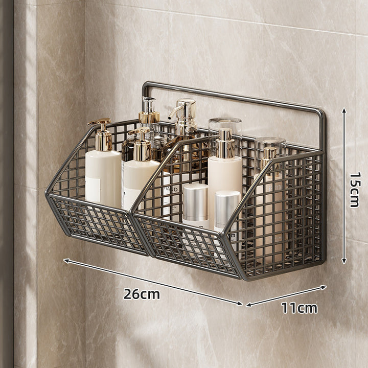 Wall-Mounted Dual-Tier Grid Mesh Bathroom Shower Caddy with Drainable Baskets