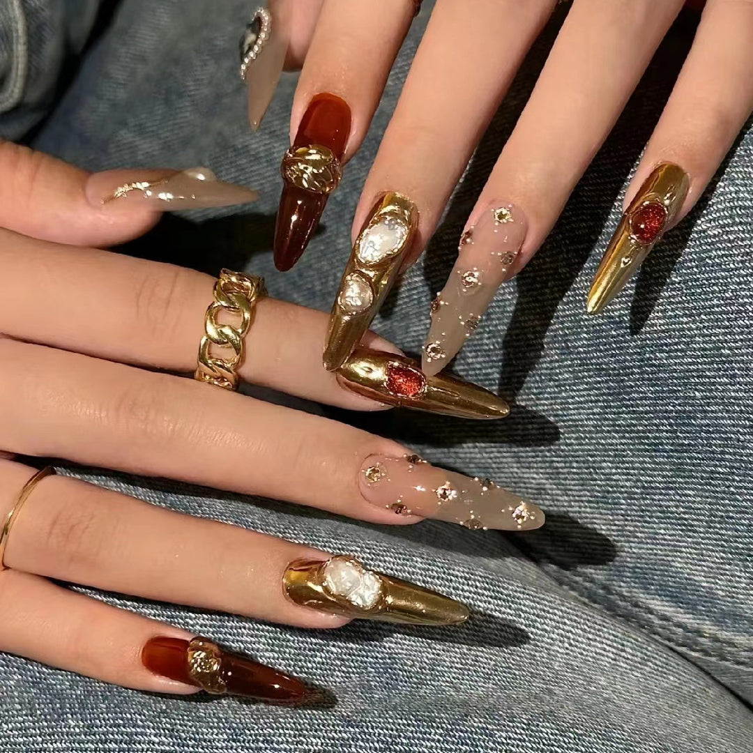 Artistic Press-On Nail Set with Luxury Gemstone Accents Kalsten