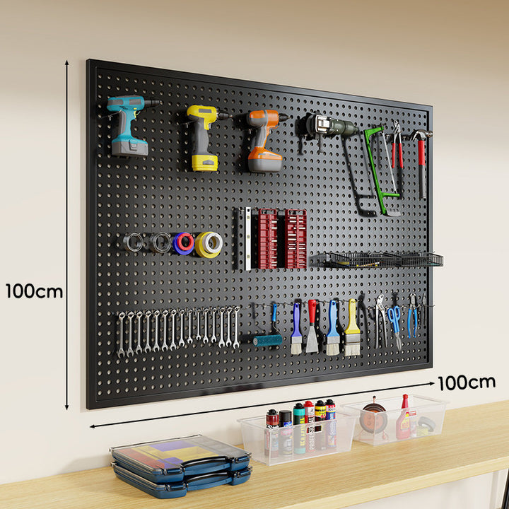 Wall-Mounted Perforated Metal Tool Pegboard Organizer Panel with Modular Hooks and Wire Baskets
