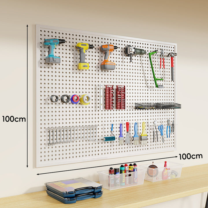 Wall-Mounted Perforated Metal Tool Pegboard Organizer Panel with Modular Hooks and Wire Baskets