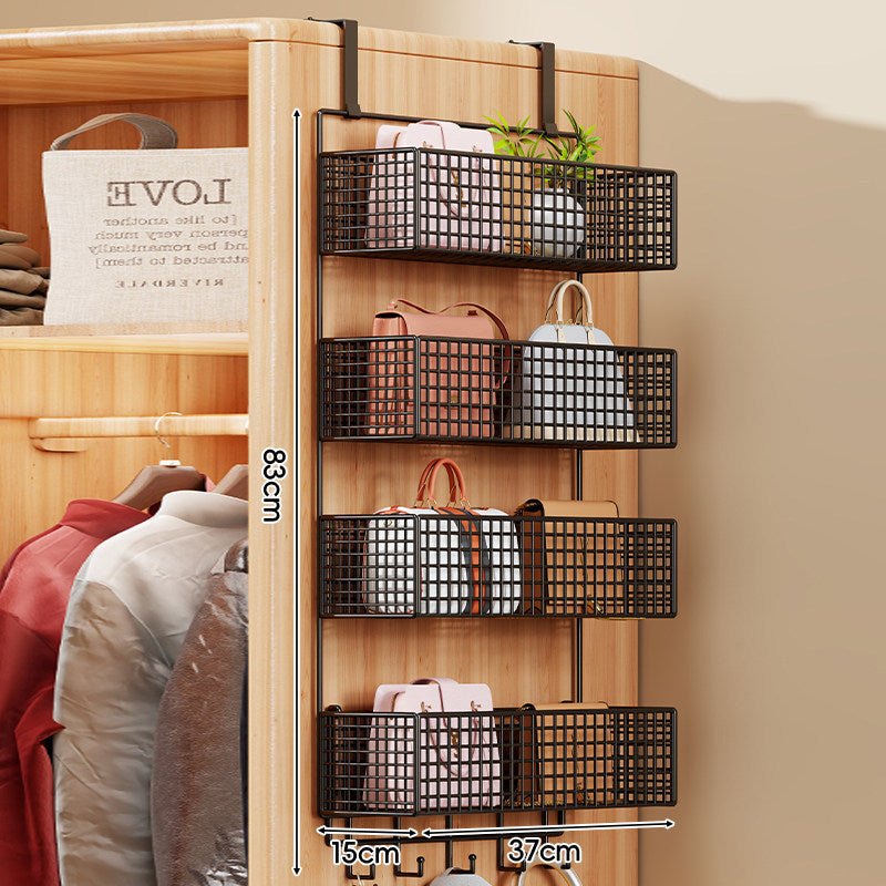 Over-the-Door Metal Grid Hanging Organizer with Four Stackable Baskets and Hooks