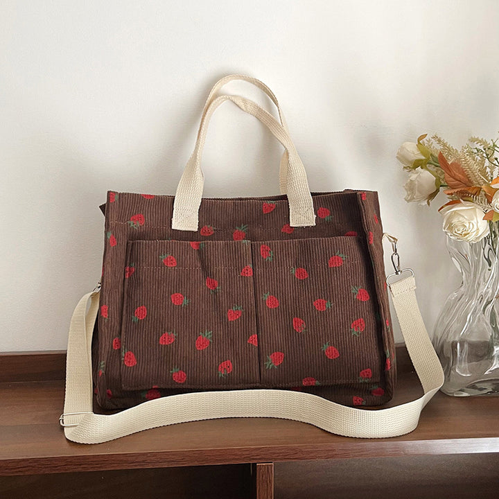WoStylish Multi-Pocket Strawberry Print Canvas Tote Bag Kalsten