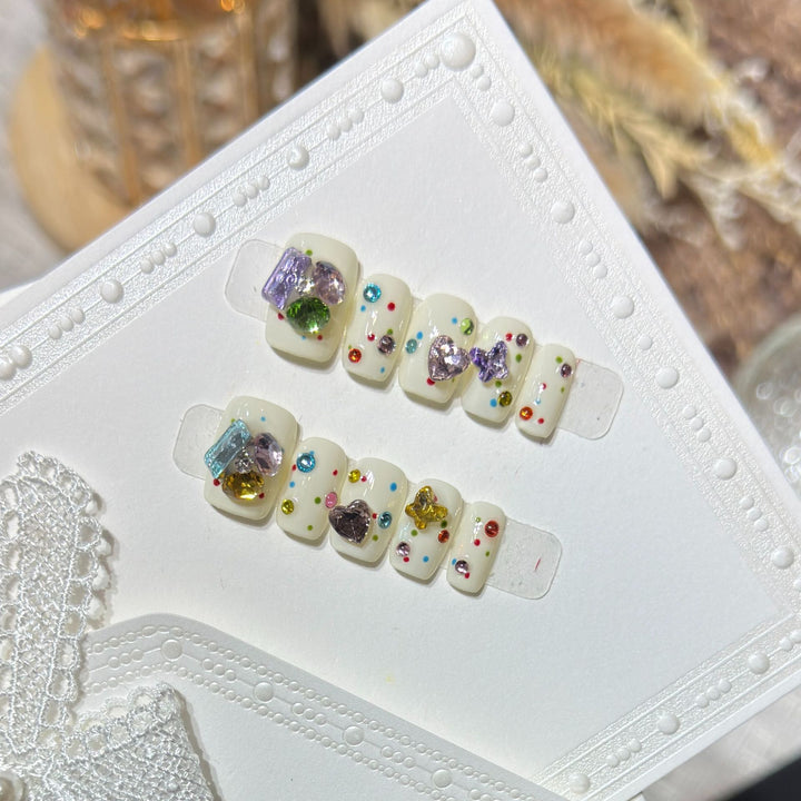 Decorative Press-On Nail Art Set with Colorful Gem Accents Kalsten
