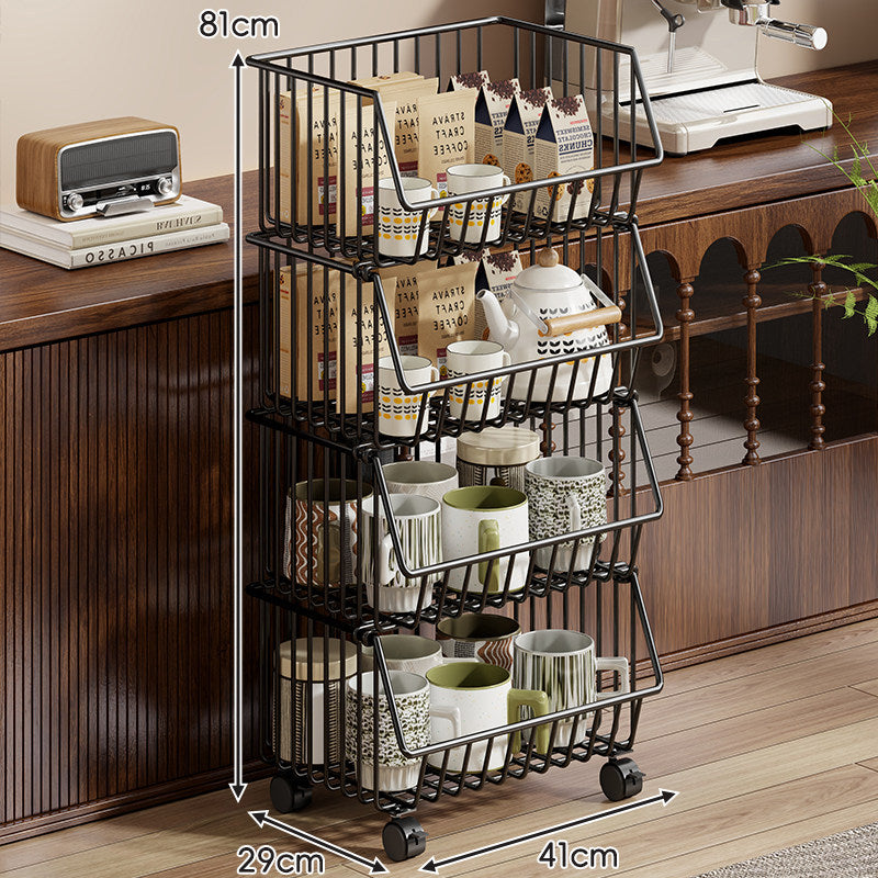 Four-Tier Tall Rolling Wire Pantry and Mug Storage Cart with Deep Slanted Baskets