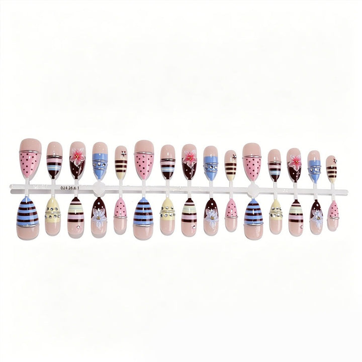 Creative nail art set with floral and striped accents Kalsten