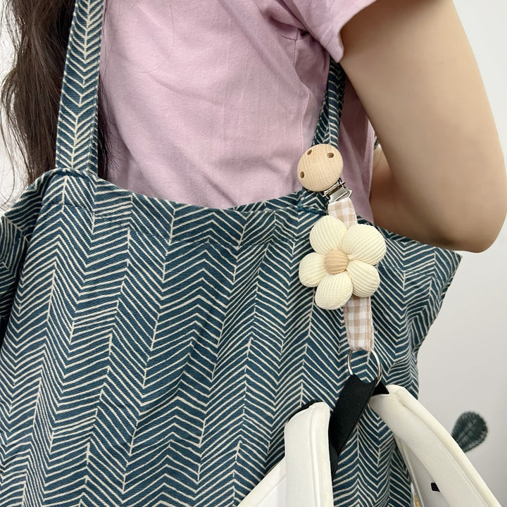 Handmade Wooden-Clip Pacifier Holder with Gingham Strap and Padded Flower Teether