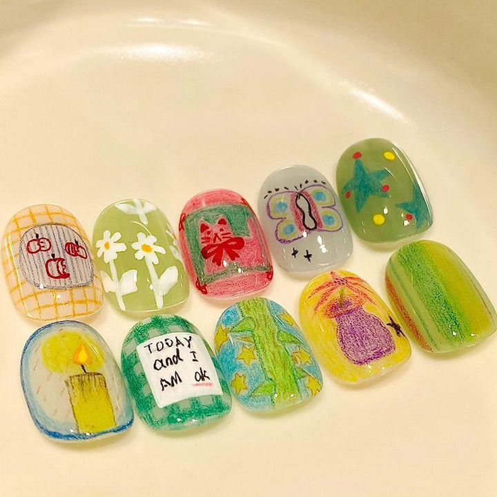 Artistic Cat-Themed Press-On Nail Art Set Kalsten