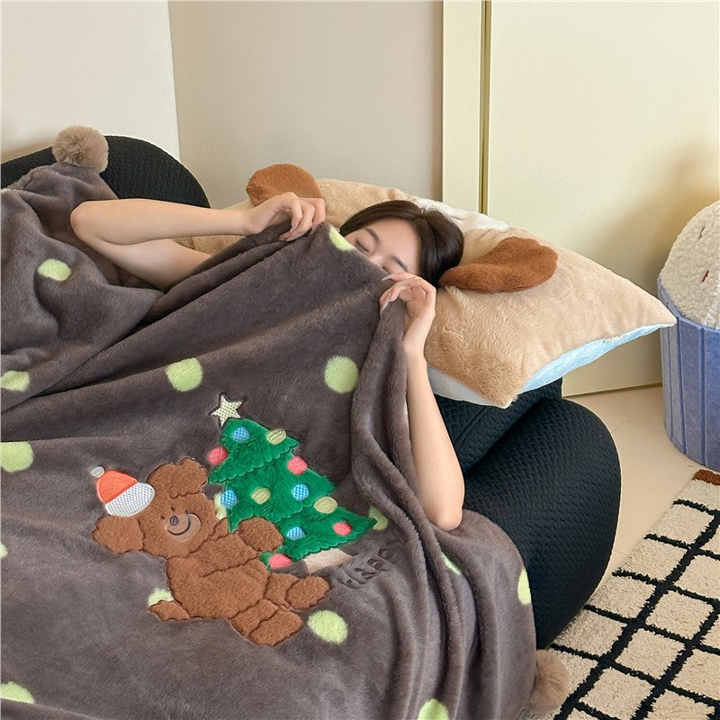 Extra soft microfleece throw blanket with embroidered teddy bear and polka dot design